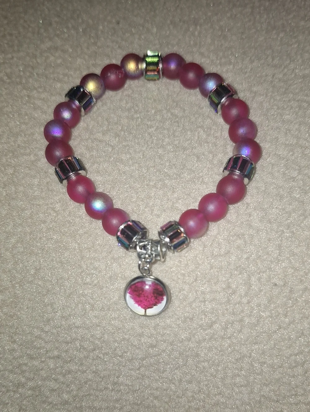 Pink Beaded Bracelet with Tree Charm
